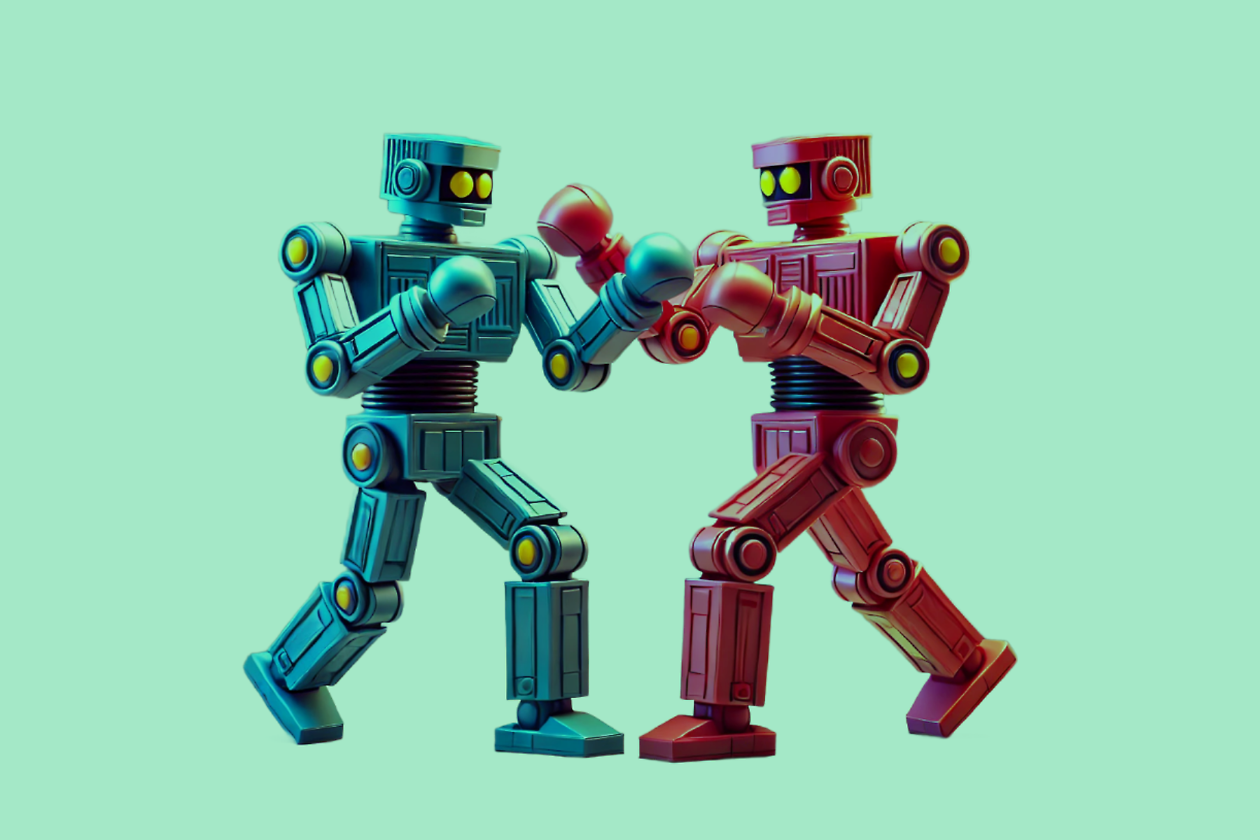 ai-vs-google-search-battle.png stylized digital illustration of two boxing robot toys—one blue and one red—facing off in a fighting stance against a mint green background. The image symbolizes the growing competition between legacy search providers like Google and emerging AI-powered search alternatives, representing the battle for dominance in the future of search technology.